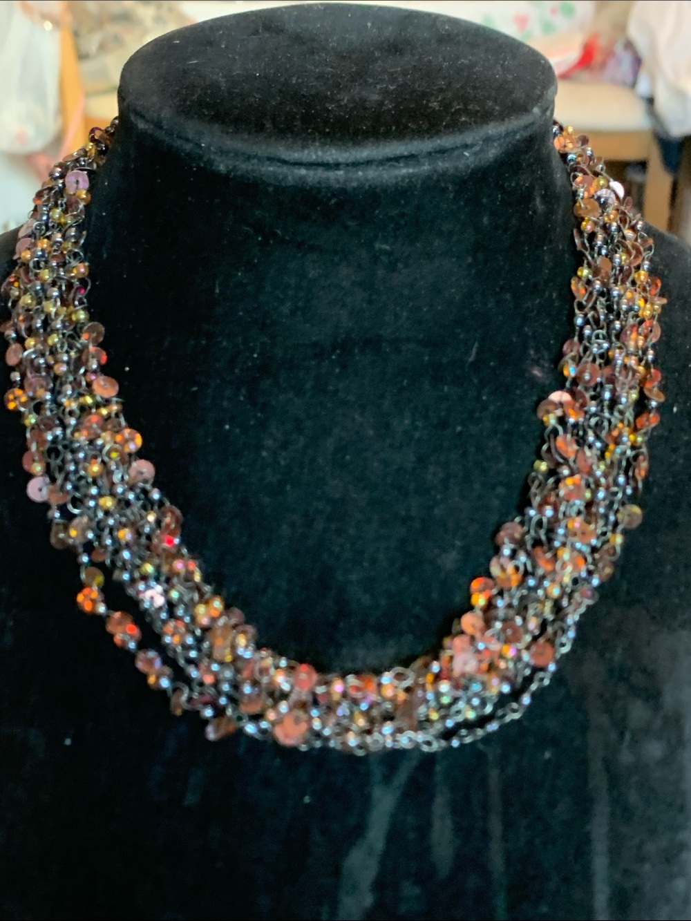 Vintage 60s Multi-Strand Iridescent Bead Statement Necklace - Brown